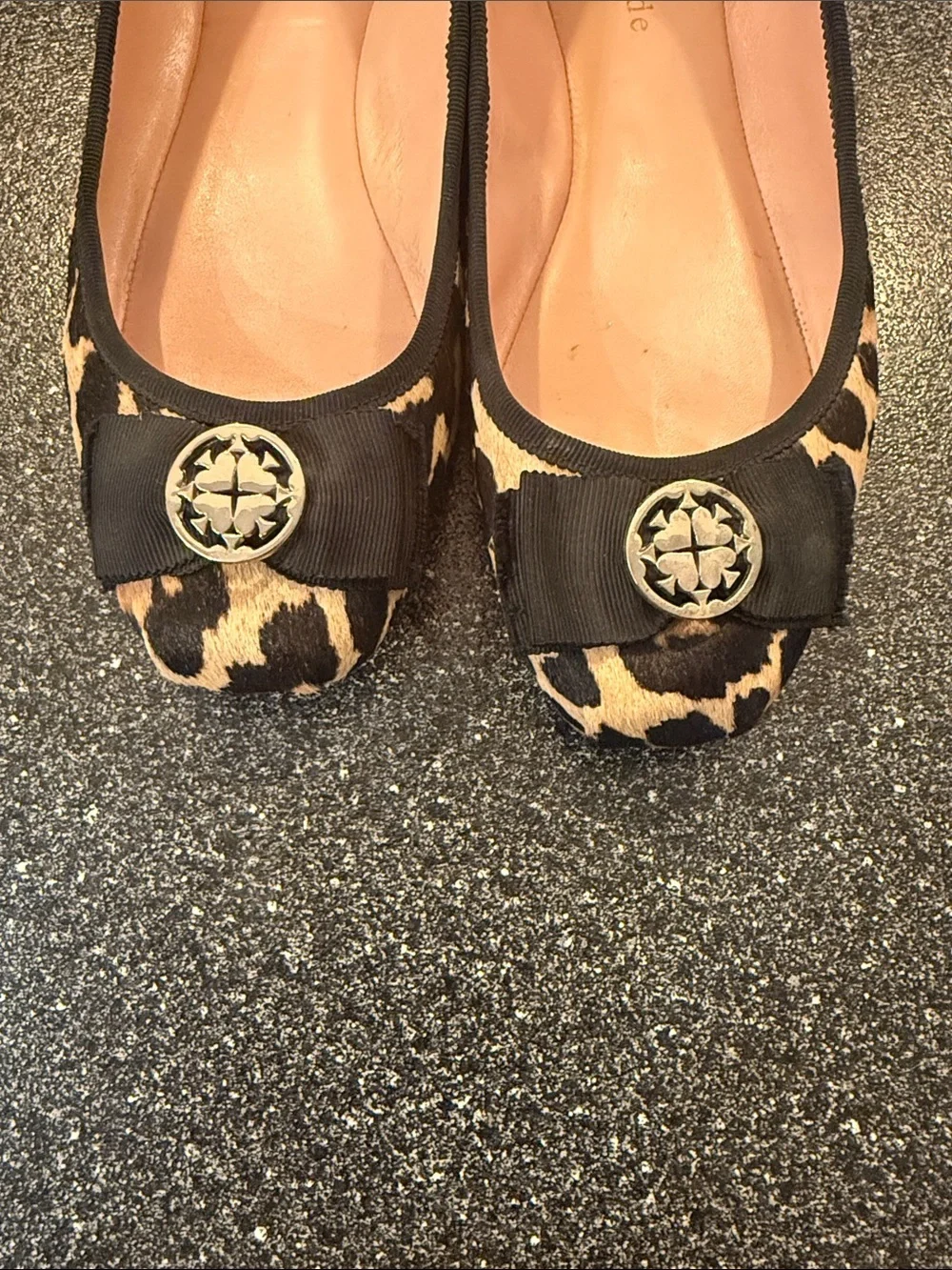 Women’s kate spade Leopard-Print Ballet Flats with Black Bow and Logo - size 7.5